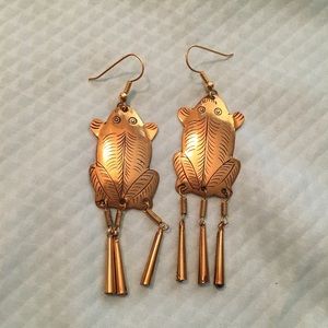 Vintage Brass or Copper Boho Frog Dangle Bell Jingling Earrings